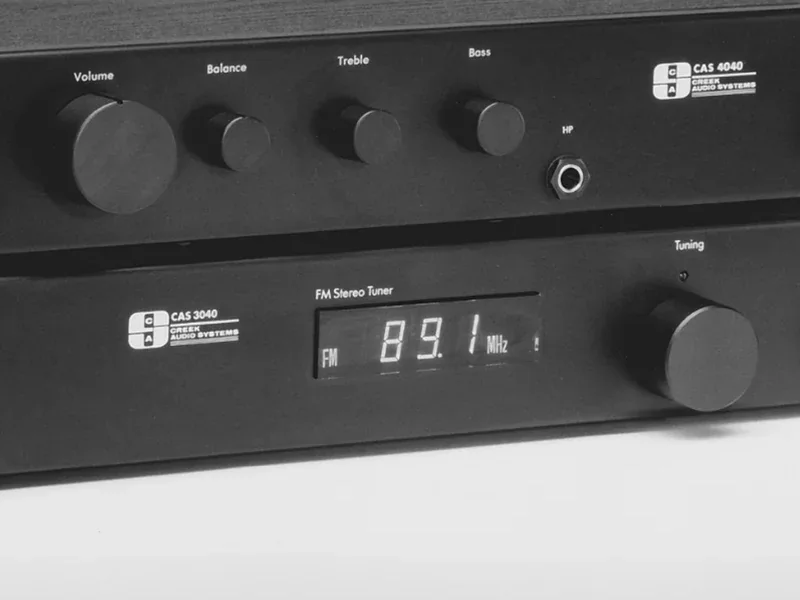 Detail of the original Creek Audio CAS 4040 and CAS 3040: the tuner readout and the CAS 4040 badge.